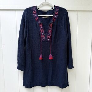 Tommy Bahama Knit Tunic Top Sweater Embroidered Navy Blue Boho Cotton Beachy